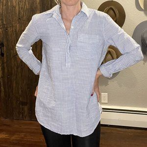 Blue and White Striped 1/4 Button Blouse